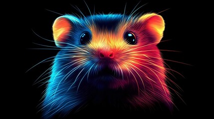 Poster - Colorful glowing hamster portrait on black background with vibrant neon blue, pink and orange lighting effects creating magical luminous fur texture.
