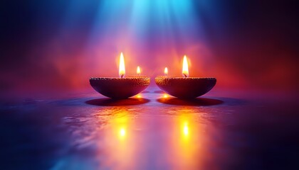 Poster - Glowing oil lamps with burning flames casting warm reflections against mystical blue and purple background, creating spiritual ambiance for meditation and peace.