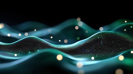 Aufkleber - Abstract digital wave pattern with glowing turquoise particles flowing in smooth curves against dark background, creating dynamic motion and connectivity visualization.