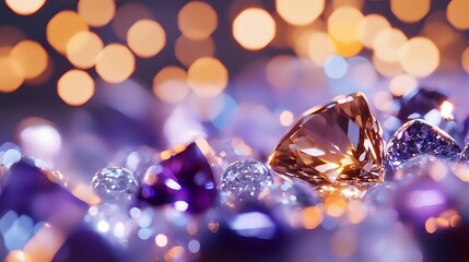 Poster - Sparkling diamonds and gemstones on purple background with golden bokeh lights creating luxury jewelry atmosphere. Precious stones macro photography.