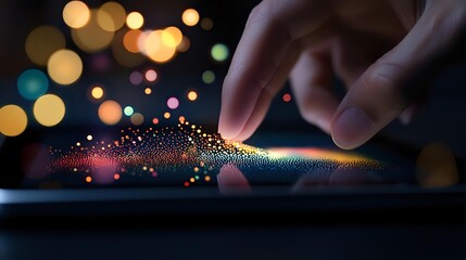 Poster - Magical glowing particles scatter from finger touch on digital screen with colorful bokeh lights in dark background, creating ethereal interactive technology effect.