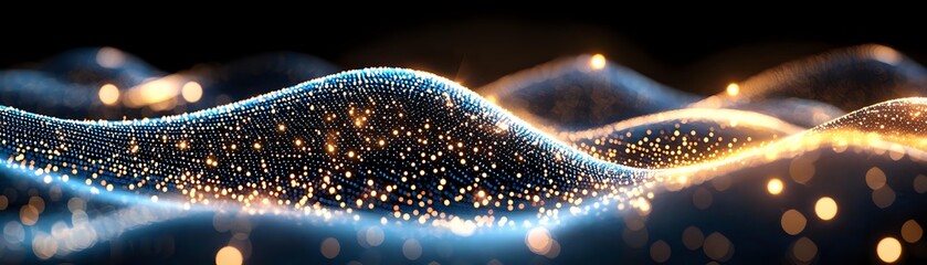 Poster - Glowing particles forming dynamic wave pattern with golden and blue light effects on dark background, abstract digital art for technology designs.
