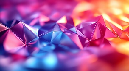 Poster - Vibrant low poly abstract background with pink, blue and orange geometric triangles creating dynamic surface with soft focus and bokeh lighting effects.