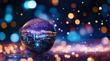 Poster - Crystal ball reflecting urban night lights against blurred bokeh background with magical sparkles and glowing dots creates dreamy atmosphere.
