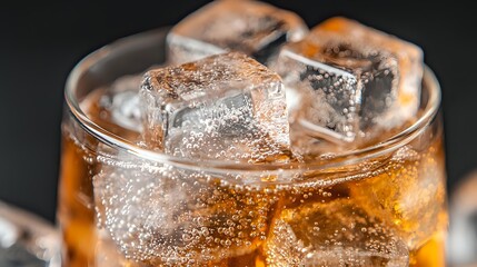 Poster - Cold carbonated drink with ice cubes in glass on dark background, refreshing cola beverage with bubbles and fizz in macro close up view.