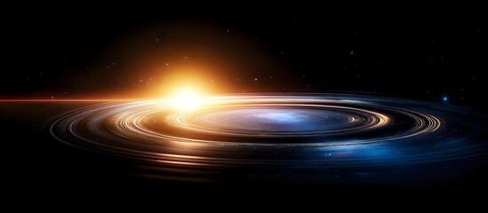 Poster - Glowing spiral galaxy with bright orange and blue light effects against dark space background, cosmic rings illuminated by stellar energy creating dramatic contrast.