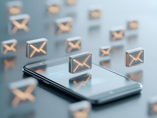 Poster - Flying email icons over smartphone screen in modern minimalist composition with soft focus and metallic copper accents on gray background.
