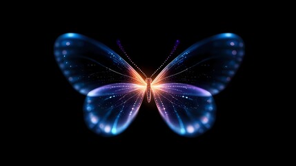 Poster - Luminous blue butterfly with glowing wings and magical sparkles on black background, radiating light from center. Ethereal nature artwork for spiritual and decorative designs.