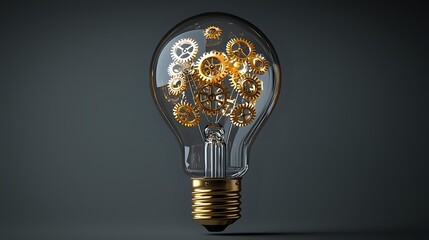 Poster - Glowing lightbulb filled with golden mechanical gears and cogs against dark background, symbolizing innovation, creativity and technological advancement.