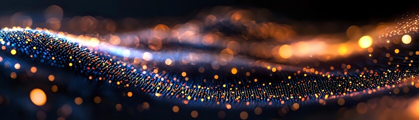 Aufkleber - Glowing blue particles flow in curved wave formation against dark background with warm bokeh lights creating magical atmospheric effect.
