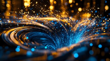 Poster - Glowing blue and gold light trails create dynamic swirling pattern with sparkles and bokeh effects against dark background, abstract magical energy flow.