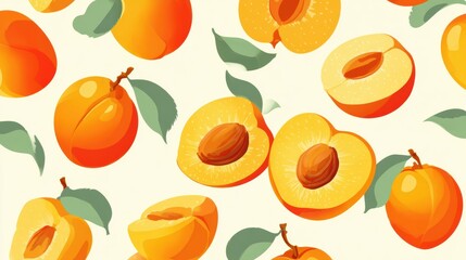 Poster - Colorful Peach and Apricot Halves Create a Seamless Pattern With Fresh Fruit Arrangement and Untouched Top-Right Section