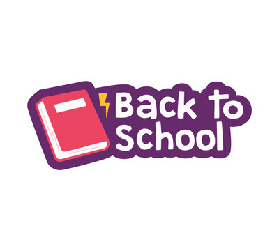 Colorful back to school text with book. Cute sticker back to school illustration
