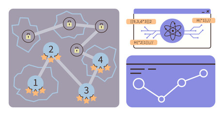 Poster - Connected nodes in a network, chart with progression lines, atomic graphic, and algorithm codes. Ideal for technology, innovation, data flow, cybersecurity, AI research simple flat metaphor