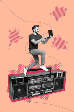 Poster graphics collage of person use netbook stand on big tape recorder on orange color background