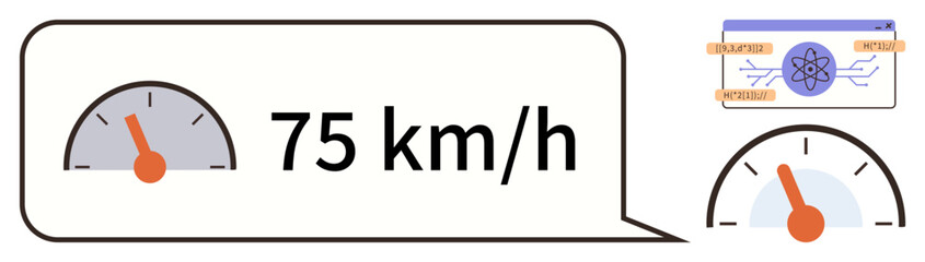Poster - Speed measurement at 75 kmh highlighted on two gauges alongside an energy generation diagram. Ideal for energy, transportation, efficiency, physics, analytics, technology, simple flat metaphor