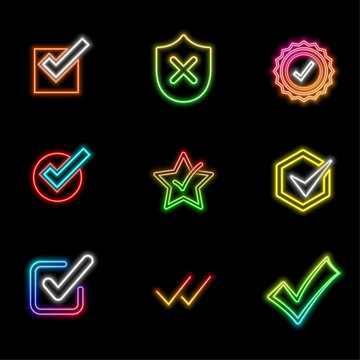 3D check mark icon with green circle. neon style.