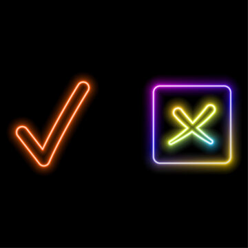 Approved and verified marked box icon outline style.neon style. Verified product quality seal, neon style.