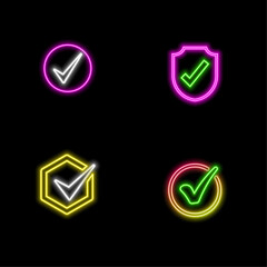 Fototapete - Approved icon.neon style. White check mark with blue circle shaped glowing star sticker label isolated. Flat vector icon design elements for web templates.