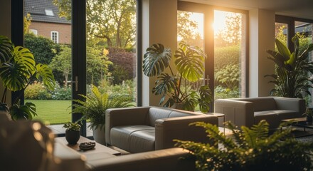 Leinwandbilder - Stylish living area bathed in sunlight showcasing smooth leather couches and vibrant houseplants near garden views.