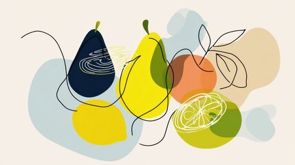 Poster - Modern Abstract Fruit Lineart Design Emphasizing Vibrant Colors and Unique Shapes in a Minimalistic Composition