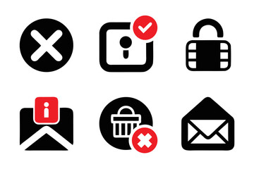 Fototapete - Collection of Black and Red Notification Icons Representing Different Actions and Alerts for User Interface Design and Website Development on a White Background