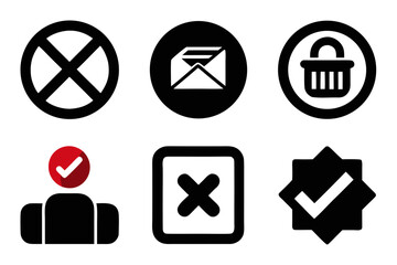 Fototapete - Collection of Black and White Icons Representing Various Concepts Such as Prohibition Email Security User Approval Rejection and Validation on a Clean White Background