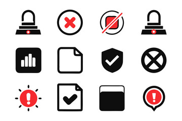 Fototapete - Collection of Black and Red Alert and Notification Icons including Security Error Warning and Confirmation Symbols on a White Background for Web and Mobile Applications
