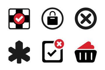 Fototapete - Collection of Black and Red Icons Representing Security Validation and Commerce Including a Lock Checkmark Asterisk and Shopping Basket on a White Background