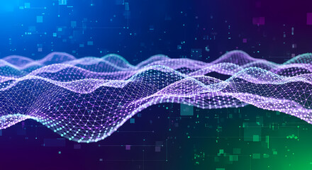 Poster - Abstract digital wave pattern, glowing purple and white, flowing across a dark blue-green background speckled with data.
