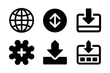 Fototapete - Collection of Black and White Vector Icons Representing Globe Upload Download and Add Functions for Use in Web Design and Mobile App Development Projects
