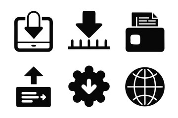 Fototapete - Set of Black and White Download and Upload Icons for Mobile Printer Database Settings and Globe representing data transfer and global connectivity in a simple
