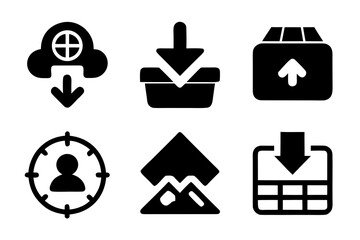 Fototapete - Collection of six different black glyph icons representing various concepts such as cloud download target audience data import and data extraction on a clean white