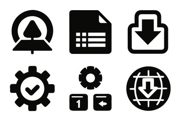 Fototapete - Set of black glyph icons representing data management including file download settings and data transfer isolated on white background for website or application design
