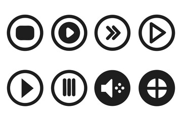 Poster - Collection of eight media player control icons in a simple black and white style including play pause stop forward volume and a crosshair or target