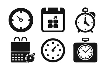 Fototapete - Collection of black and white time management icons including clocks calendars stopwatches and alarms representing schedule deadlines appointments and productivity in a simple graphic design