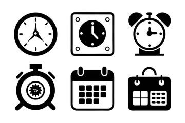 Poster - A set of six black and white icons representing time and scheduling including analog clocks alarm clocks and calendars isolated on a white background in