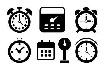 Fototapete - Vector Icon Set of Time Management and Scheduling Tools Featuring Alarm Clocks Calendars and a Gauge Isolated on White Background for Design Elements and Presentations