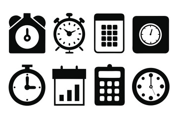 Poster - Collection of black and white icons representing time management including clocks calendars and a calculator perfect for illustrating productivity scheduling and financial planning concepts