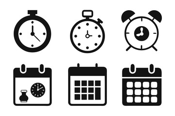 Poster - Set of black and white vector icons representing time management including stopwatches alarm clocks and calendars isolated on a white background for easy use in