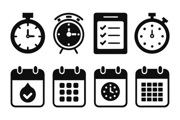 Poster - Icon set representing time management scheduling and productivity in a minimalist black and white design suitable for websites apps and presentations related to organization