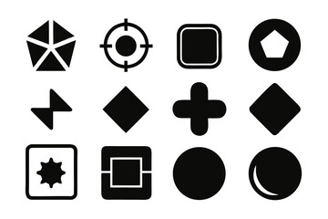 Fototapete - Collection of twelve different geometric shapes in black color including pentagon target square rhombus plus sign circle bolt and star on a white background