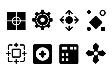 Fototapete - Collection of Black and White Interface Icons Including Target Settings Arrows Shapes Crop Add Grid and Cross Ideal for UI Design and Application Development