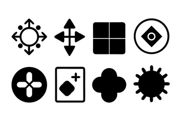 Fototapete - Collection of Eight Black and White Abstract Vector Icons Including Arrows a Square a Circle a Plus Sign a Clover and a Sun Isolated on
