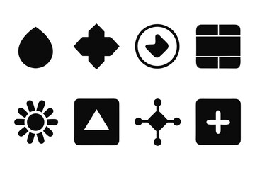 Fototapete - Collection of Basic Geometric Shapes and Symbols in Black Silhouette Including a Drop Arrow Flower Plus Sign Triangle and Other Abstract Forms on a White