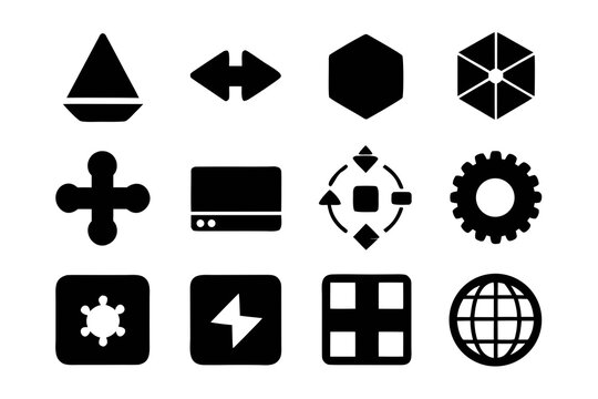 Set of twelve different geometric icons in black color including a triangle arrows hexagon plus sign globe gear and other symbols on a white background