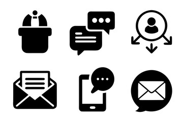 Fototapete - Set of communication and business icons in black silhouette including speech bubbles email phone and networking ideal for presentations and web design projects