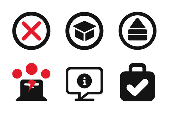 Set of Black and Red Pictogram Icons Representing Various Concepts Such as Error Education Upload Problem Information and Success Isolated on a White Background
