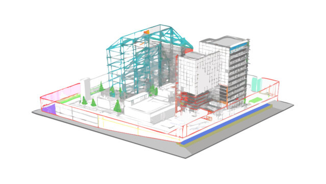 Architectural rendering of city buildings and construction site with detailed wireframe structures design