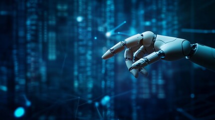 Poster - A robotic hand reaches out against a digital blue background, symbolizing advanced technology and artificial intelligence.